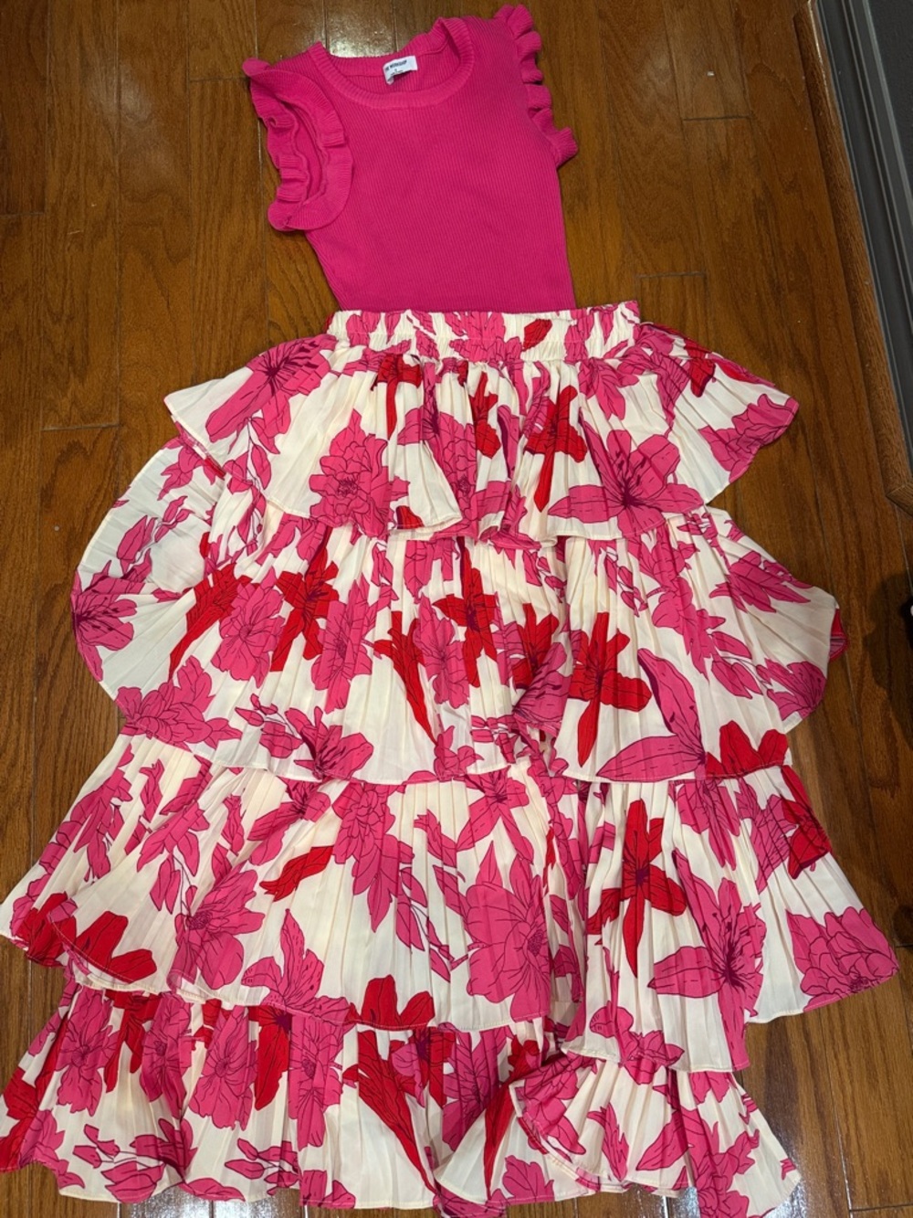 So Me Pink and Red Floral Tiered Maxi Skirt